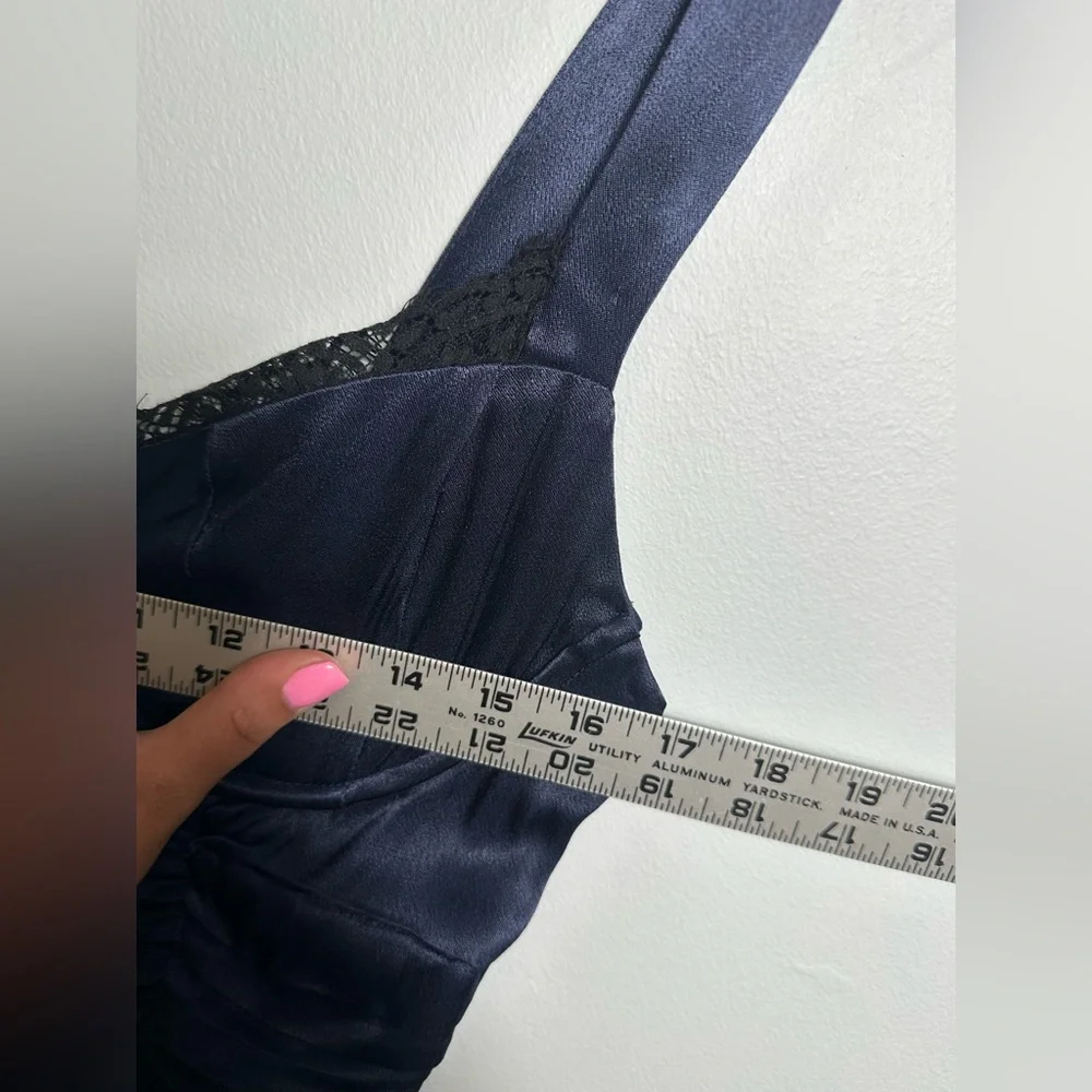 NEW Astr Aeris Satin Lace Trim Maxi Dress Navy Sz Medium Bustier Corset Feminine - Picture 13 of 17